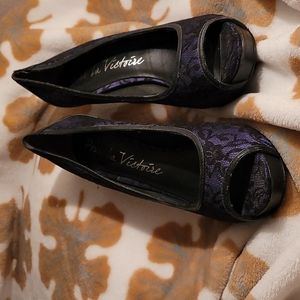 Pour la Victoire black lace over blue peeptoe platform heels